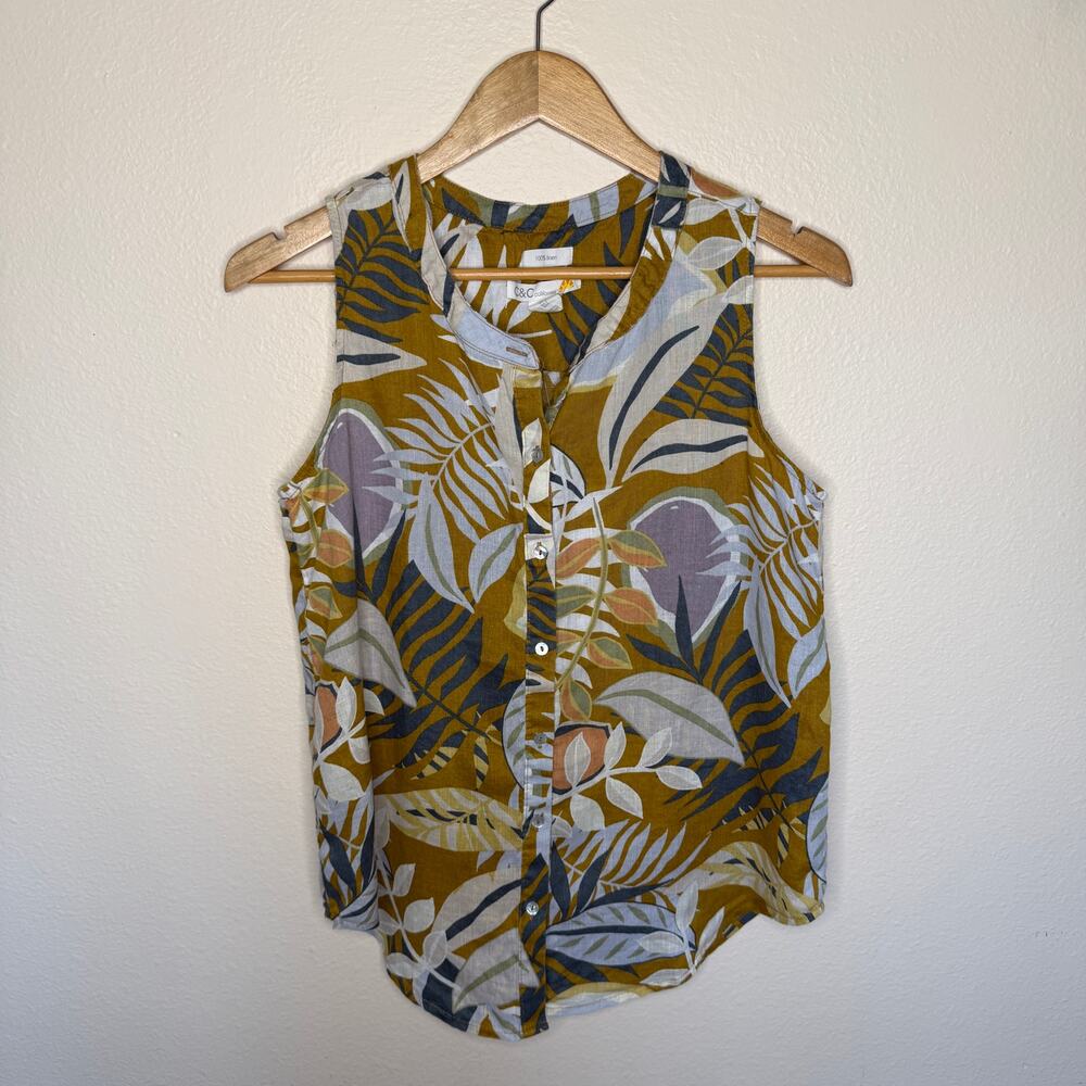 C&C California 100% Linen Sleeveless Yellow Brown Tropical Print Top Small